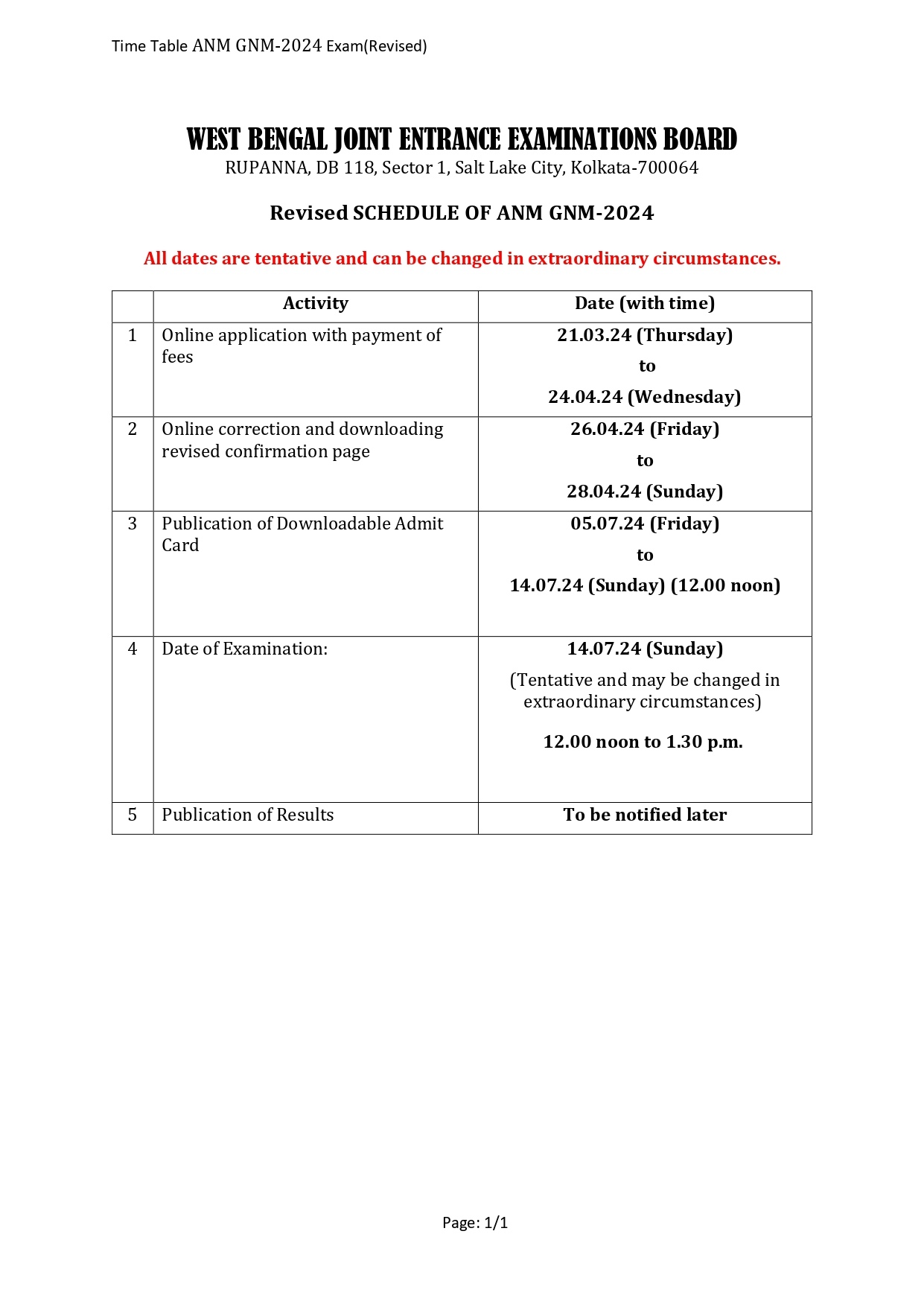 WBJEEB ANM-GNM Revise Time Table 2024